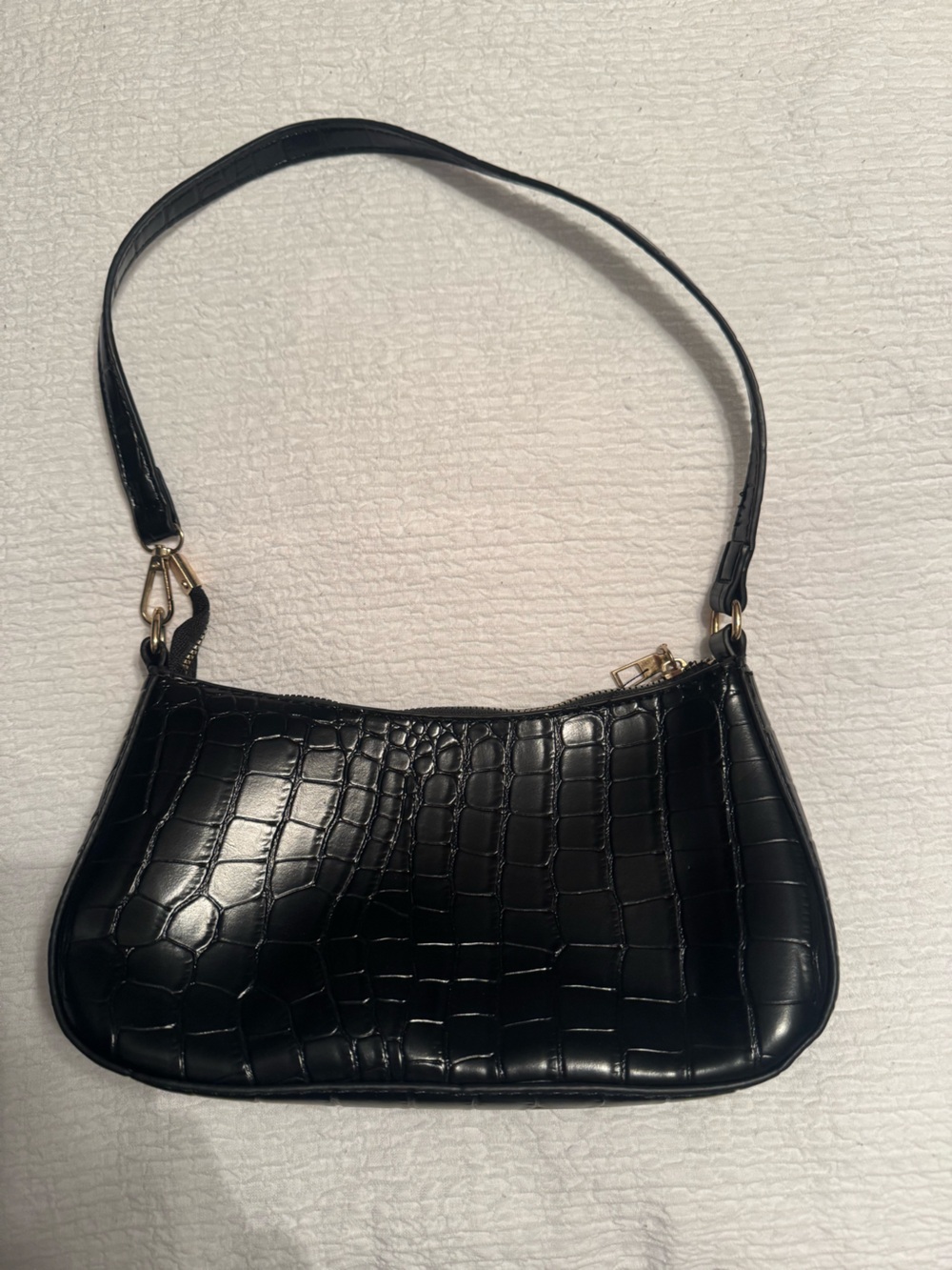 Black Croc-Embossed Shoulder Bag with Gold Hardware